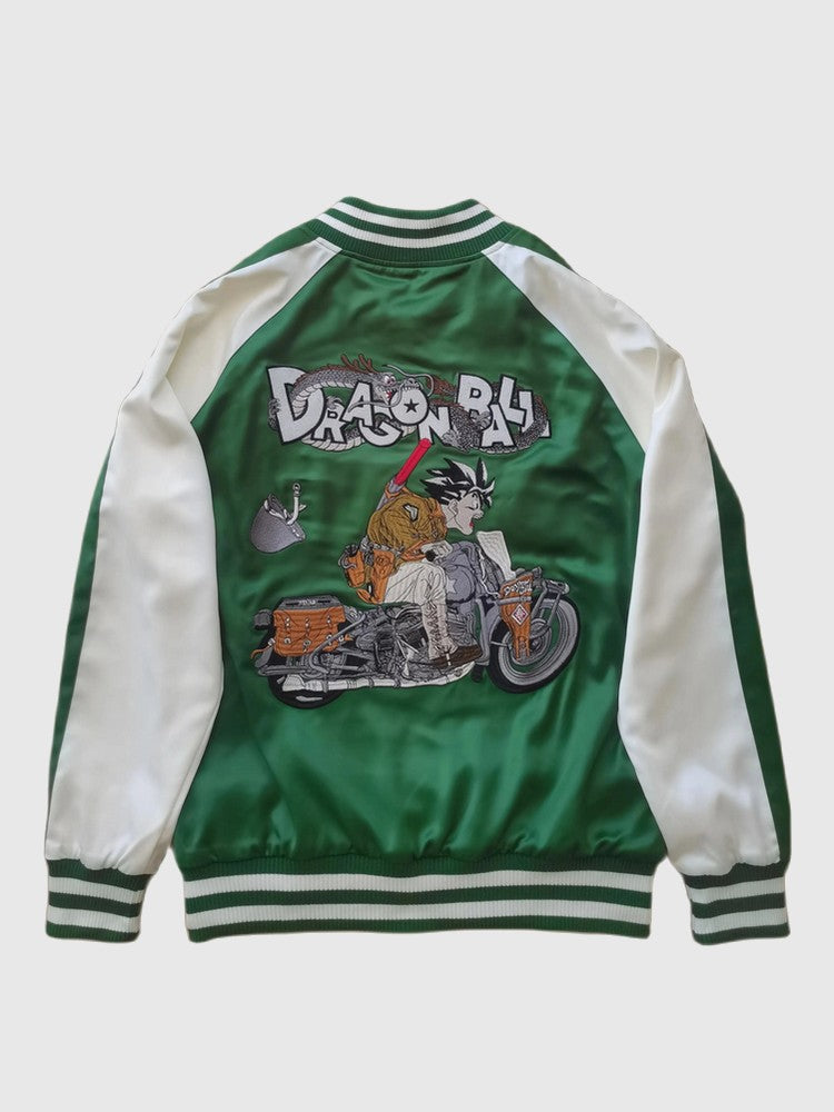 Green and white jacket with cartoon bear on a motorcycle design and 'Dragon Ball' text.