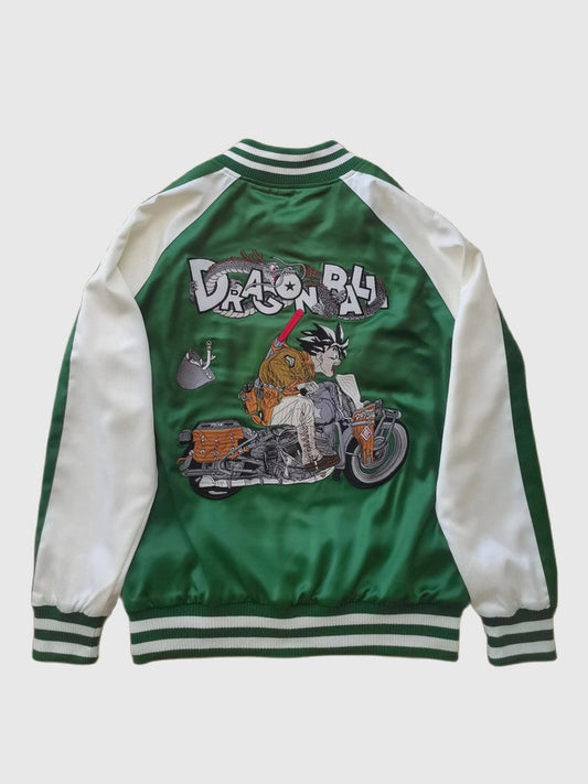 Green and white jacket with cartoon bear on a motorcycle design and 'Dragon Ball' text.