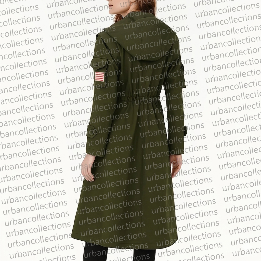 Green coat with a hood on a white background with 'urbancollections' text.