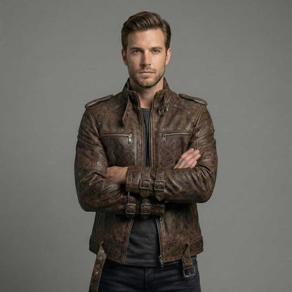 Men's Brown Gothic Embroidered Leather Jacket