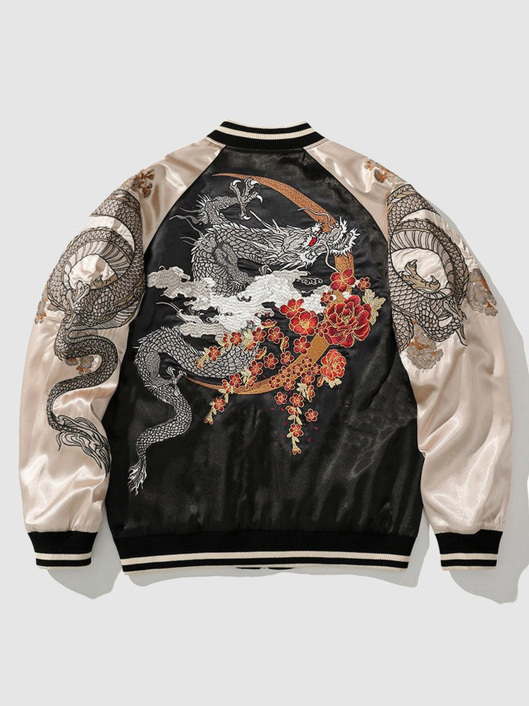 Jacket with dragon and floral design on a light gray background