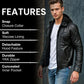 Man wearing a black leather jacket with features listed on the left, against a gray background.