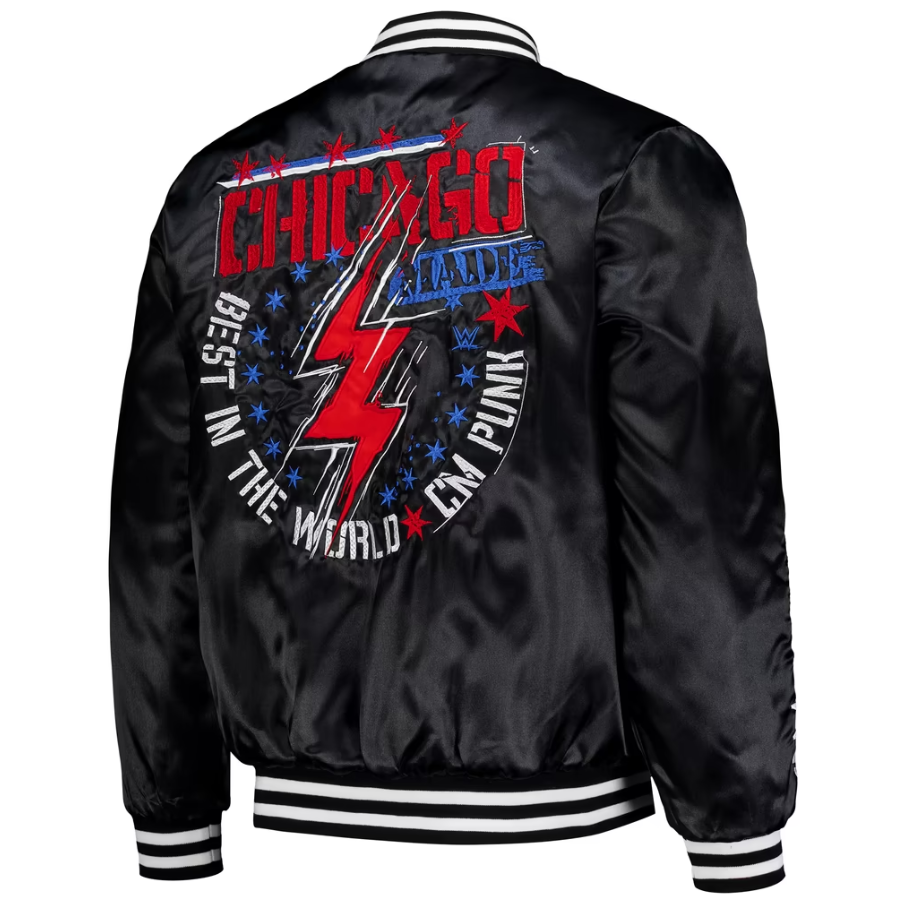 Men's Black CM Punk Chicago Full-Snap Bomber Satin Jacket – image 2
