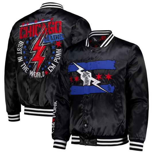 Men's Black CM Punk Chicago Full-Snap Bomber Satin Jacket