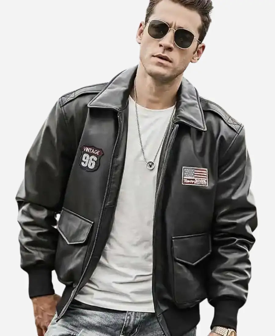 Men’s Black Bomber Leather Jacket – Air Force Pilot Style - Bold and Rugged