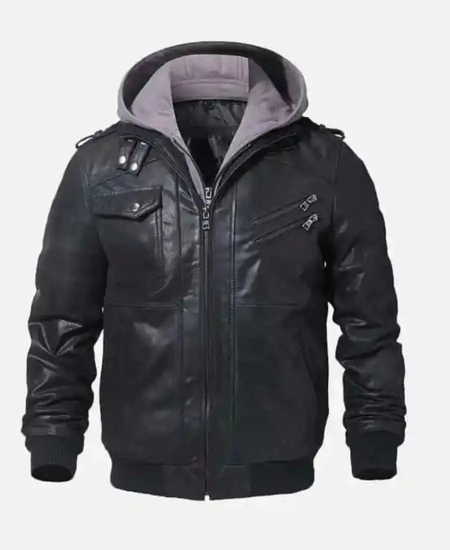 Men’s Black Bomber Leather Jacket with Hood - Rugged and Stylish