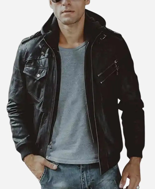 Men’s Black Bomber Leather Jacket with Hood - Rugged and Versatile