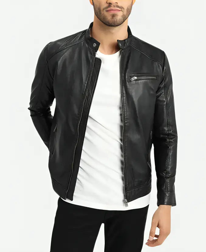 Men’s Cafe Racer Classic Black Leather Jacket - Sleek and Stylish