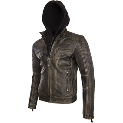 Men’s Real Leather Vintage Biker Jacket with Removable Hood