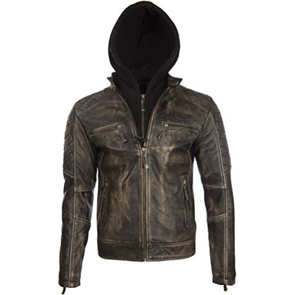 Men’s Real Leather Vintage Biker Jacket with Removable Hood