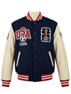 Navy and beige varsity jacket with USA 2026 and FIFA World Cup logo on a white background