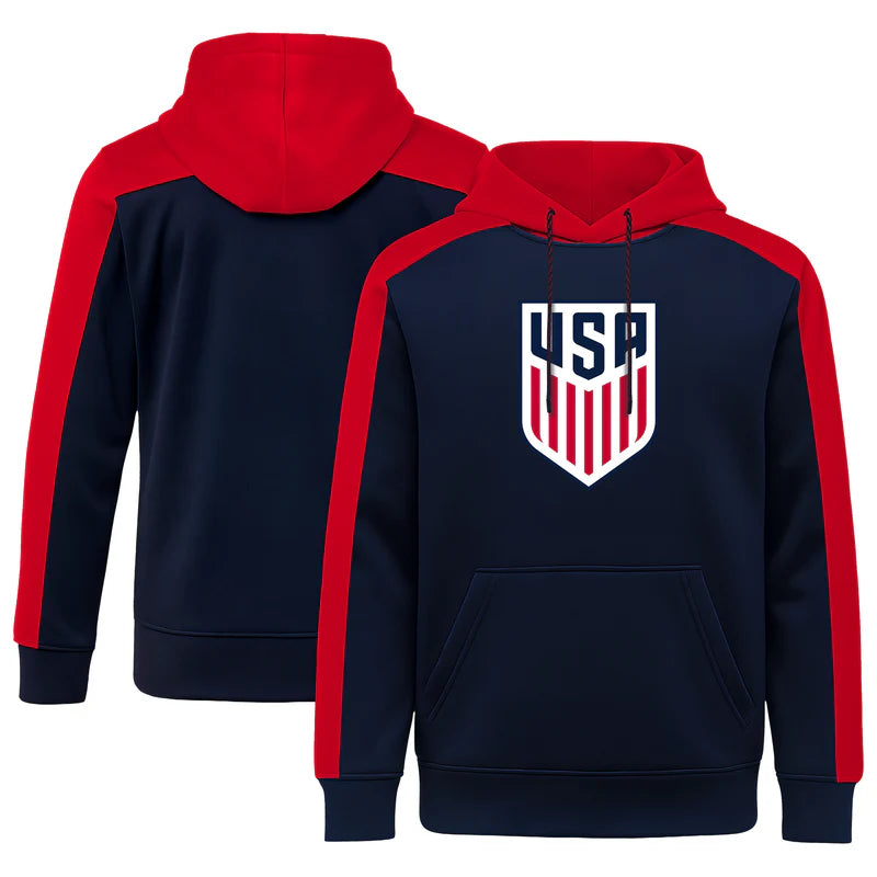 Navy and red hoodie with USA logo on a white background