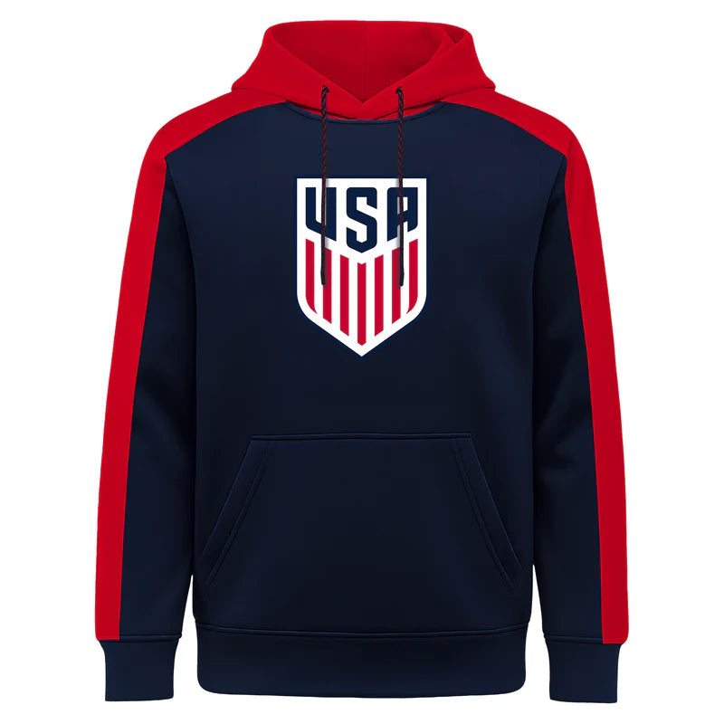 Navy and red hoodie with USA logo on a white background