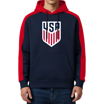 Navy and red hoodie with USA logo on a white background
