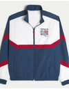 Navy and white track jacket with red accents on a white background