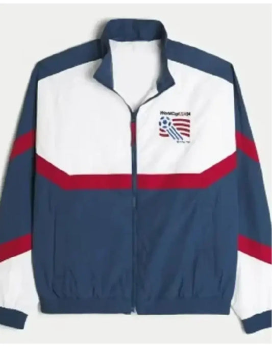 Navy and white track jacket with red accents on a white background