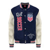 Navy and white varsity jacket with U.S. Soccer branding on a white background