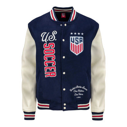 Navy and white varsity jacket with U.S. Soccer branding on a white background