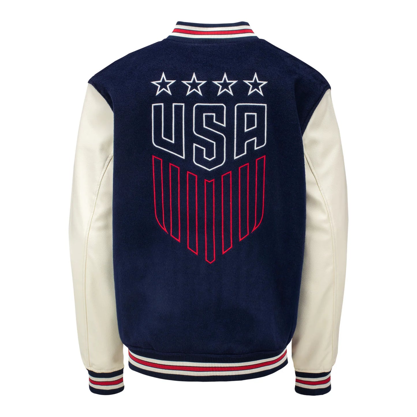 Navy and white varsity jacket with USA design on a white background