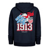 Navy blue hoodie with USA-themed design on the back