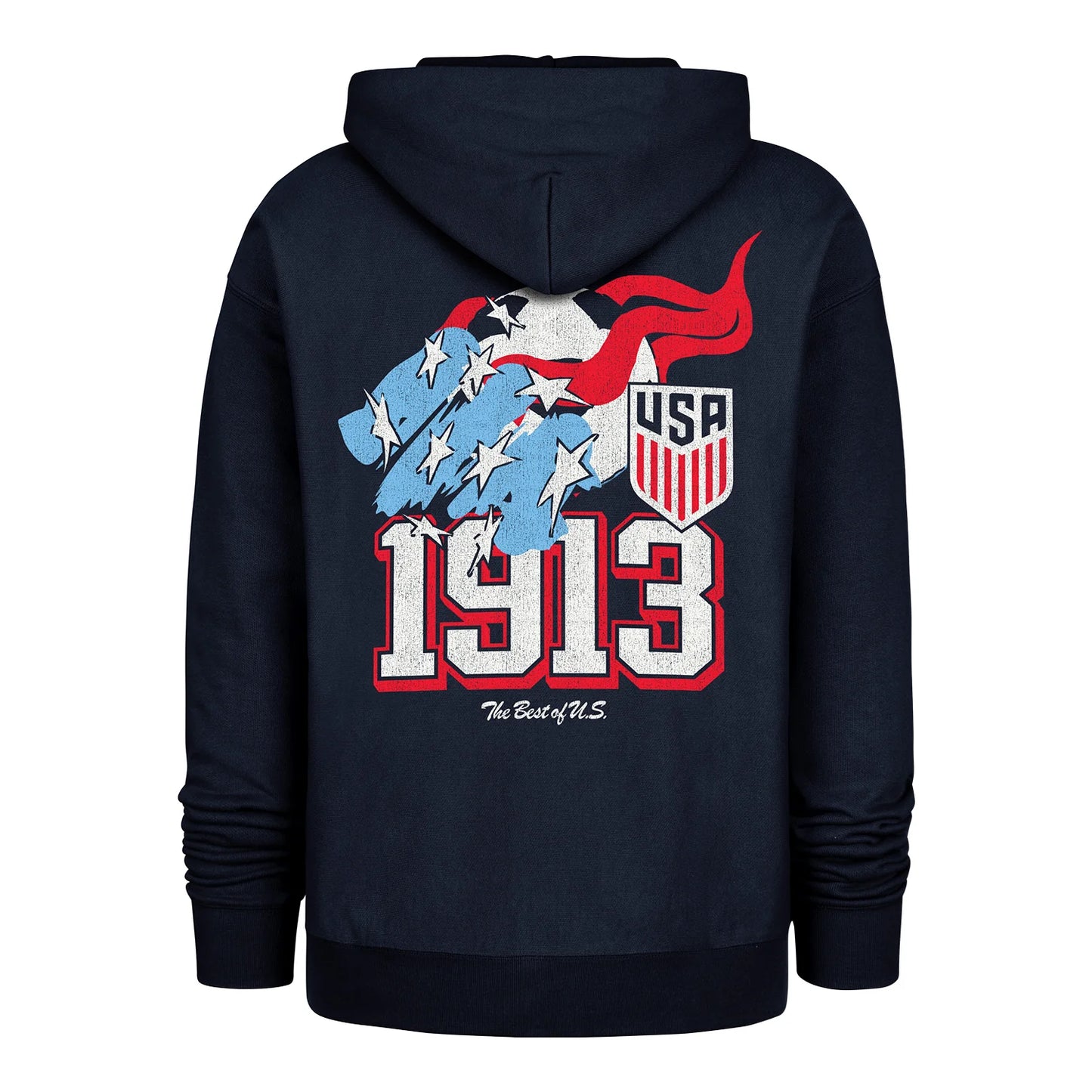 Navy blue hoodie with USA-themed design on the back