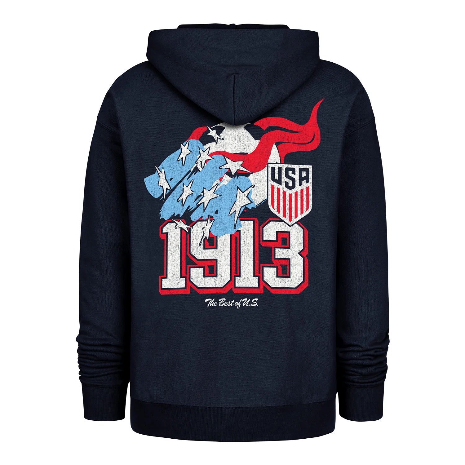 Navy blue hoodie with USA-themed design on the back