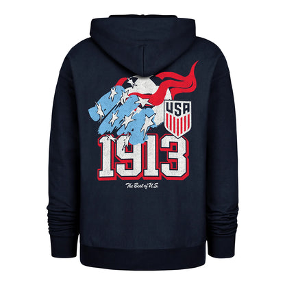 Navy blue hoodie with USA-themed design on the back