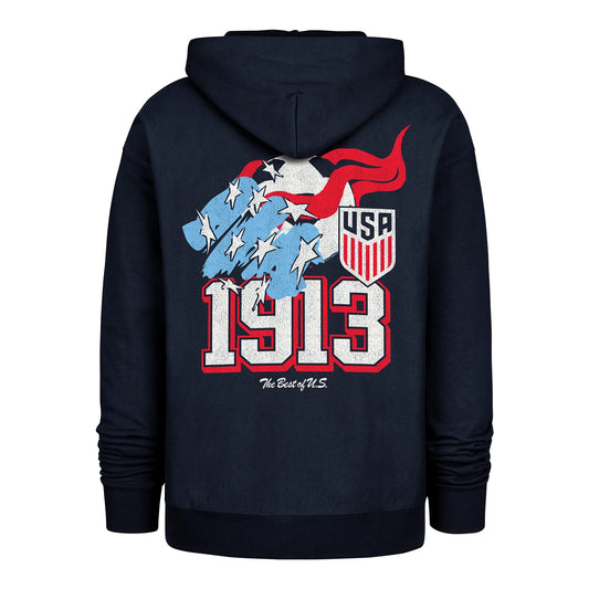 Navy blue hoodie with USA-themed design on the back