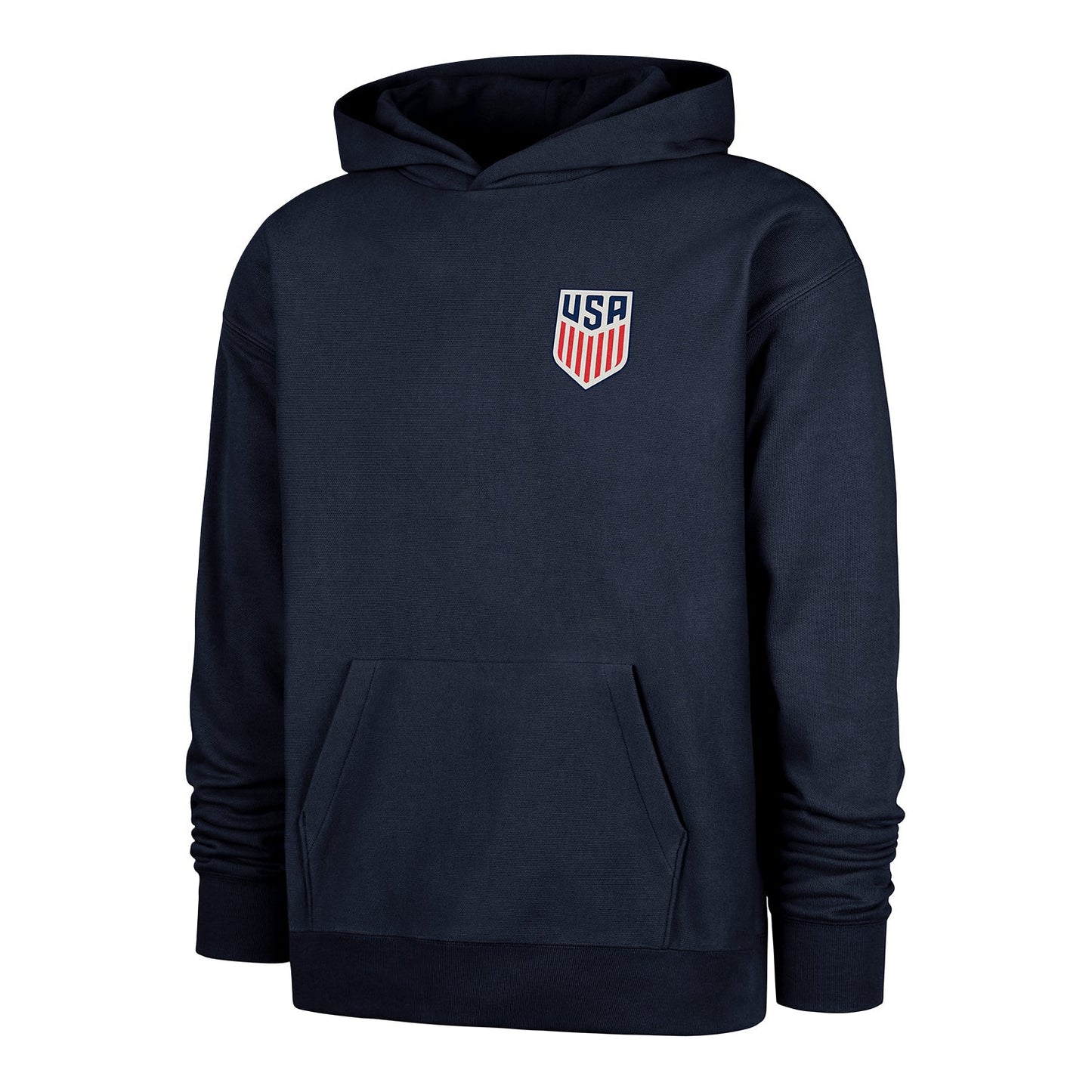 Navy blue hoodie with USA emblem on a white background