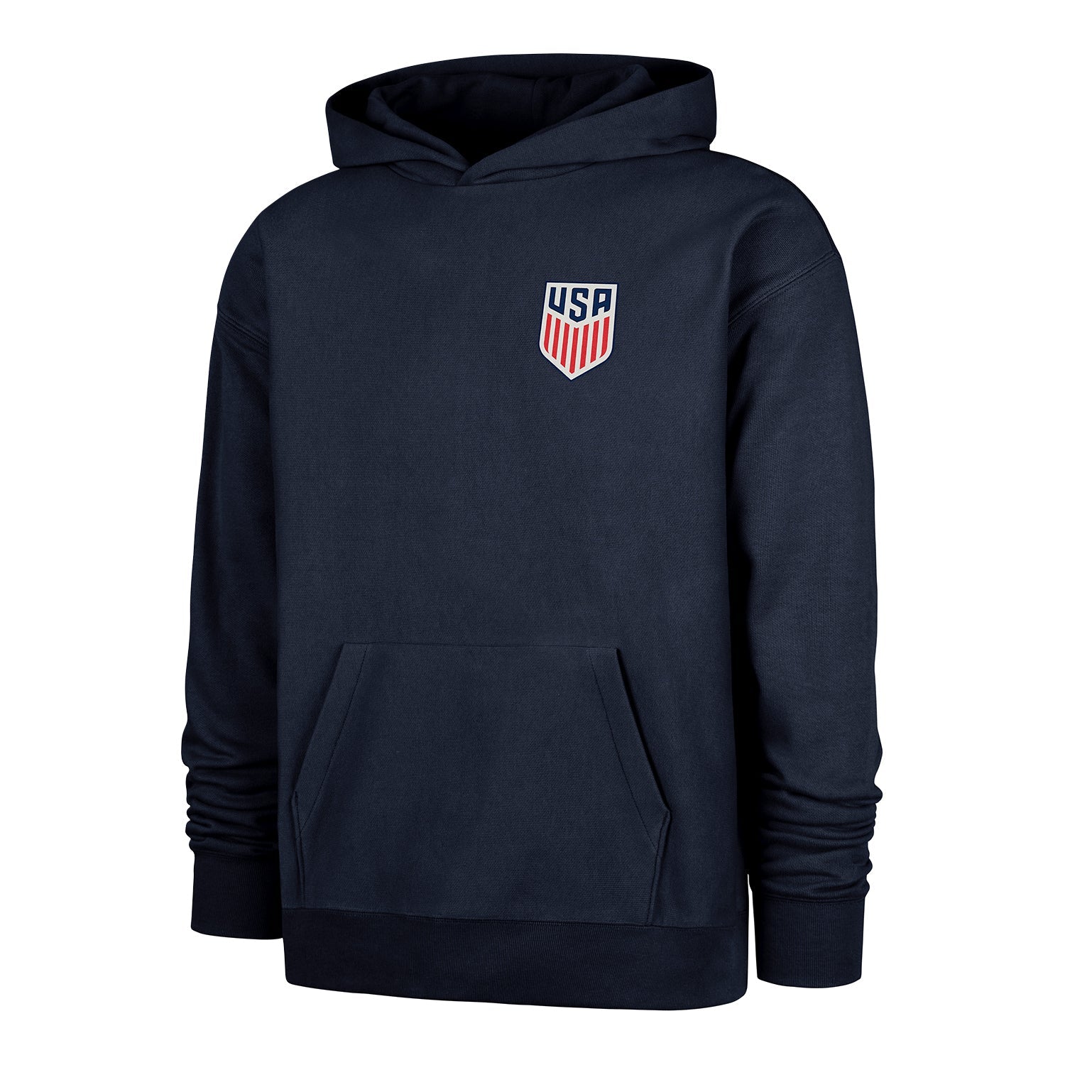 Navy blue hoodie with USA emblem on a white background