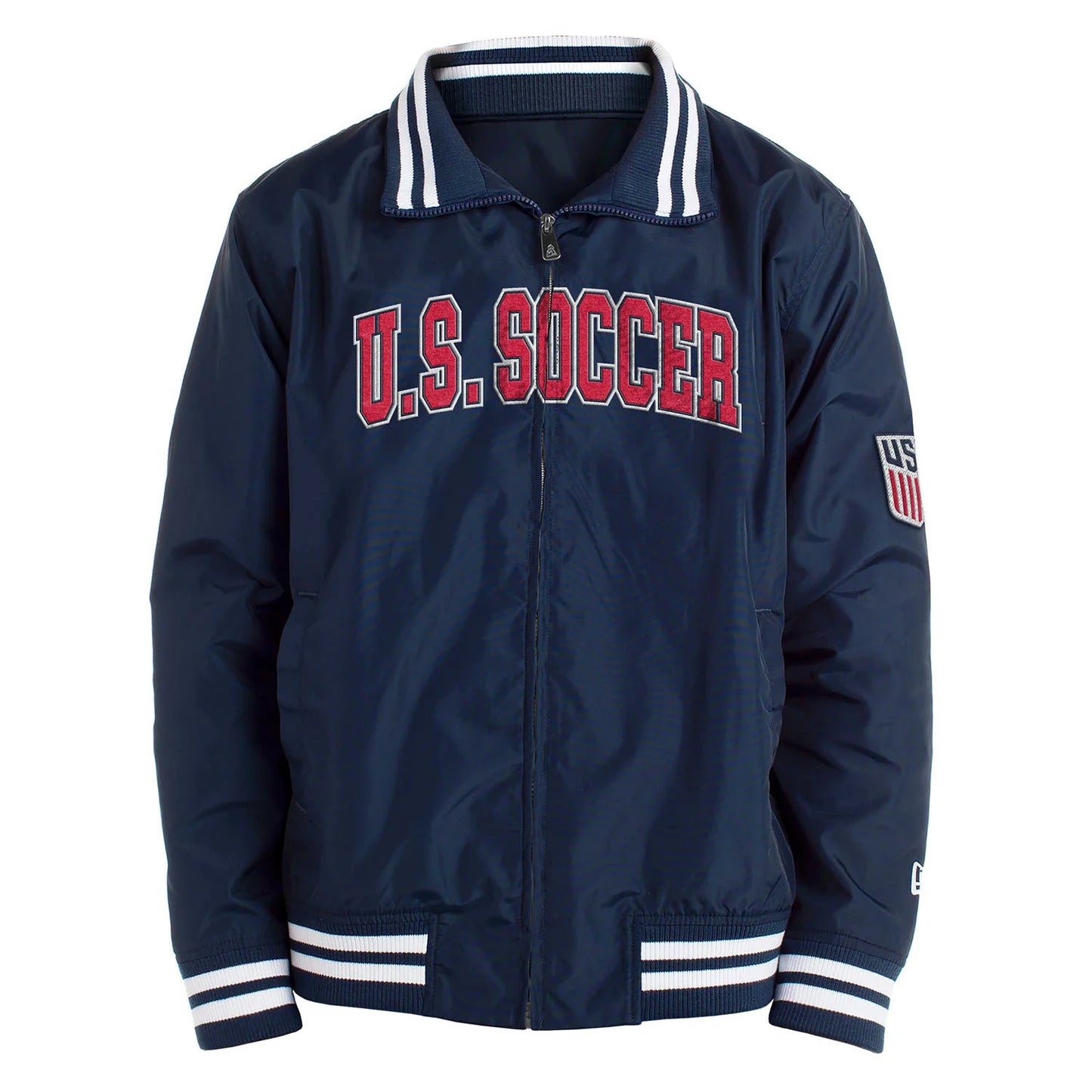 Navy blue jacket with 'U.S. Soccer' text on a white background