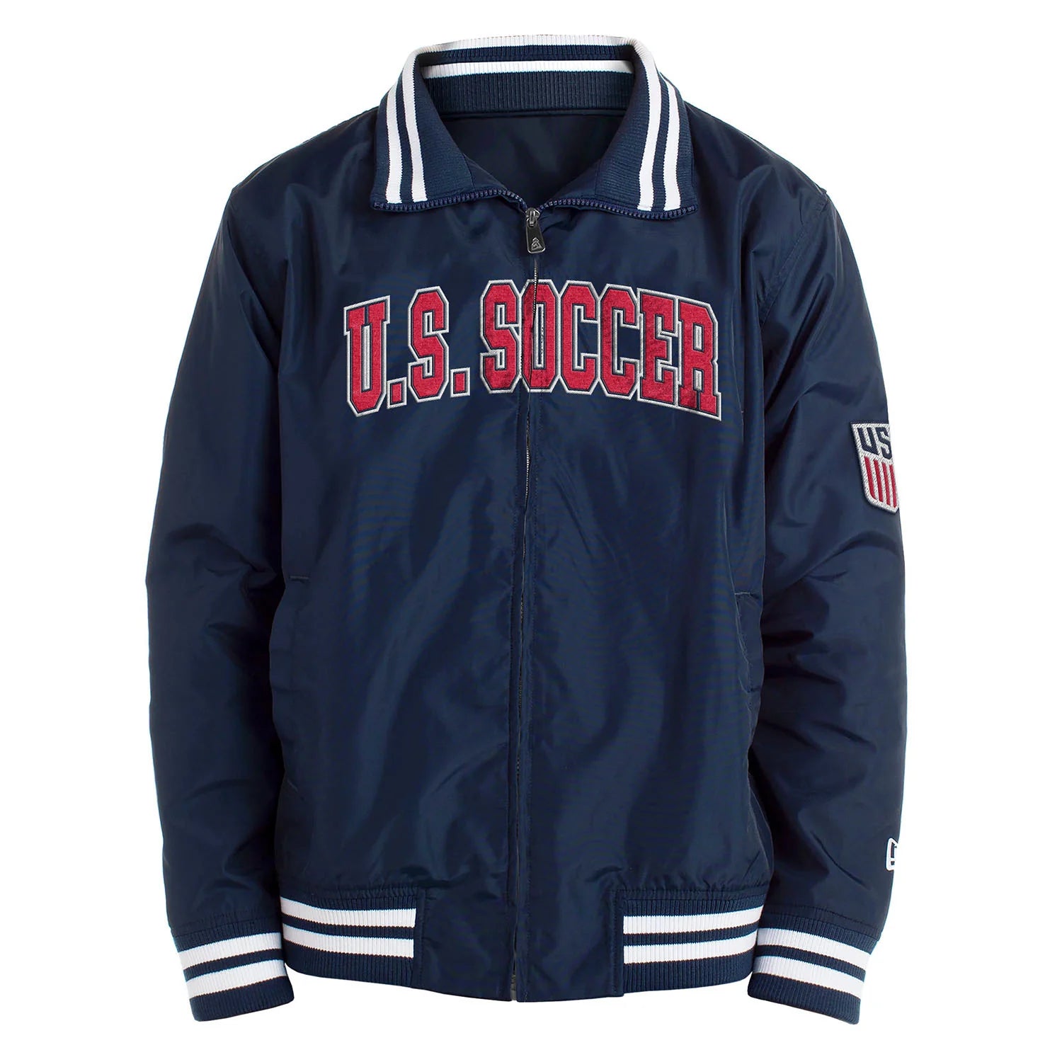 Navy blue jacket with 'U.S. Soccer' text on a white background