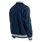 Navy blue jacket with white stripes on cuffs and collar on a white background