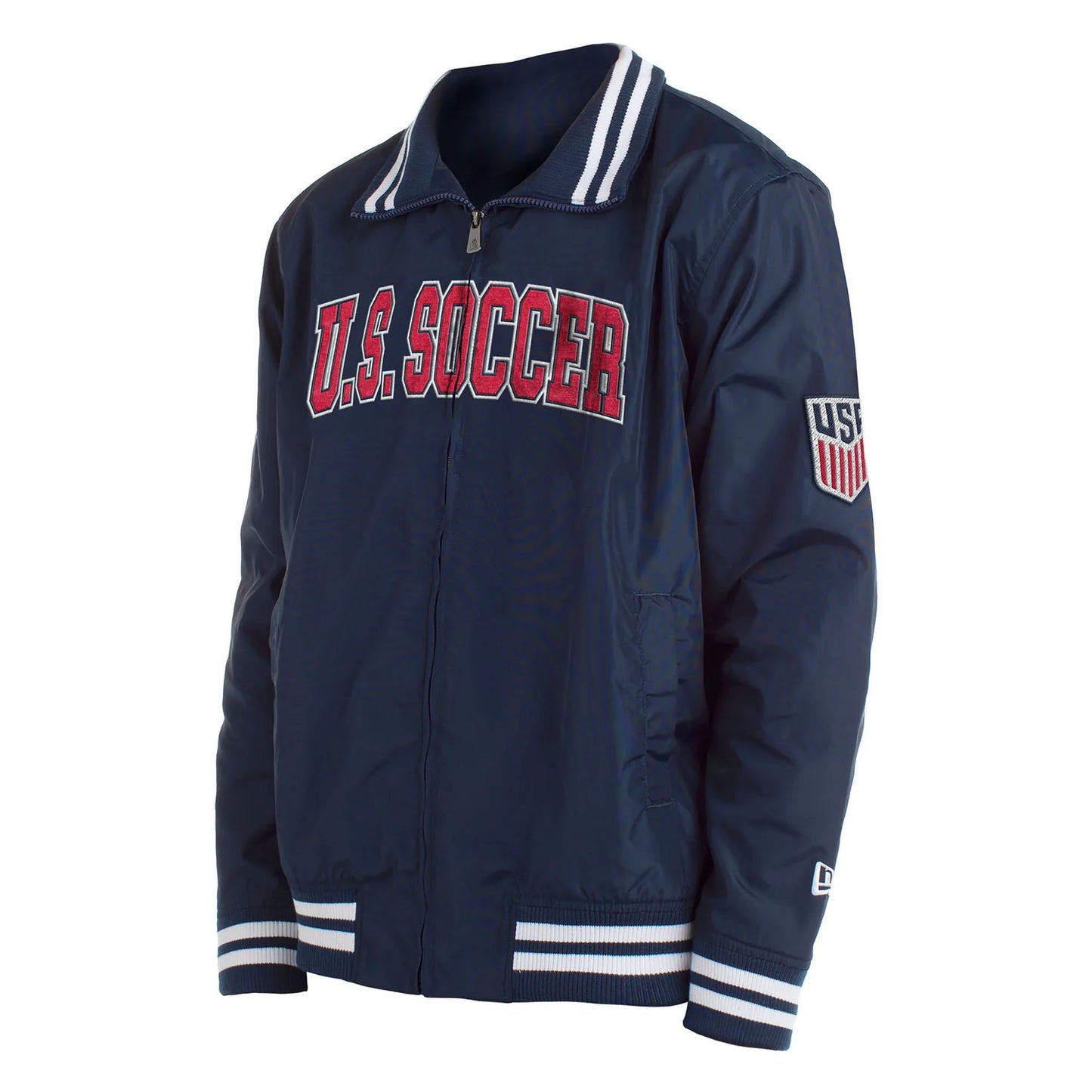 Navy blue jacket with 'U.S. Soccer' text on a white background