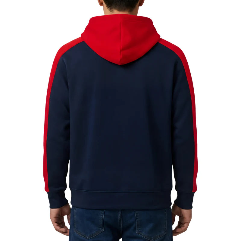 Navy hoodie with red accents on a white background