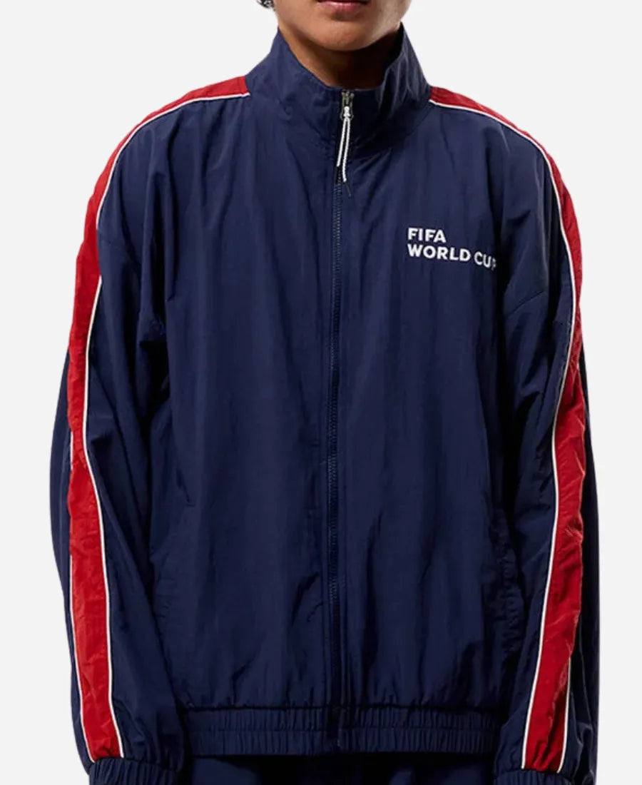 Navy jacket with red stripes and 'FIFA World Cup' text on a white background