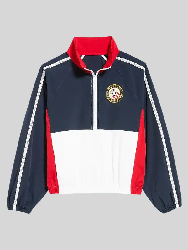 Navy, white, and red jacket with a logo on a gray background