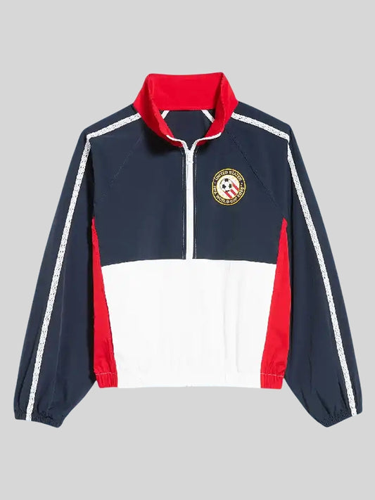 Navy, white, and red jacket with a logo on a gray background
