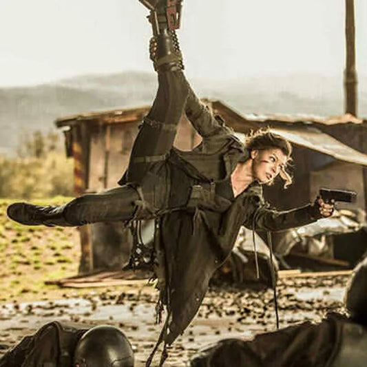 Person in a action pose with a gun in a post-apocalyptic setting