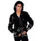 Person wearing a black leather jacket with studded details on a white background