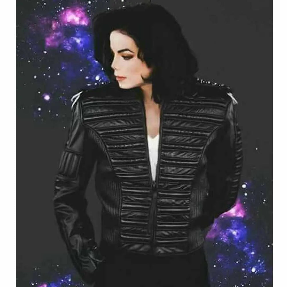 Person wearing a black quilted jacket with a space-themed background
