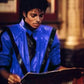 Person wearing a blue jacket with a guitar, holding a book in an indoor setting