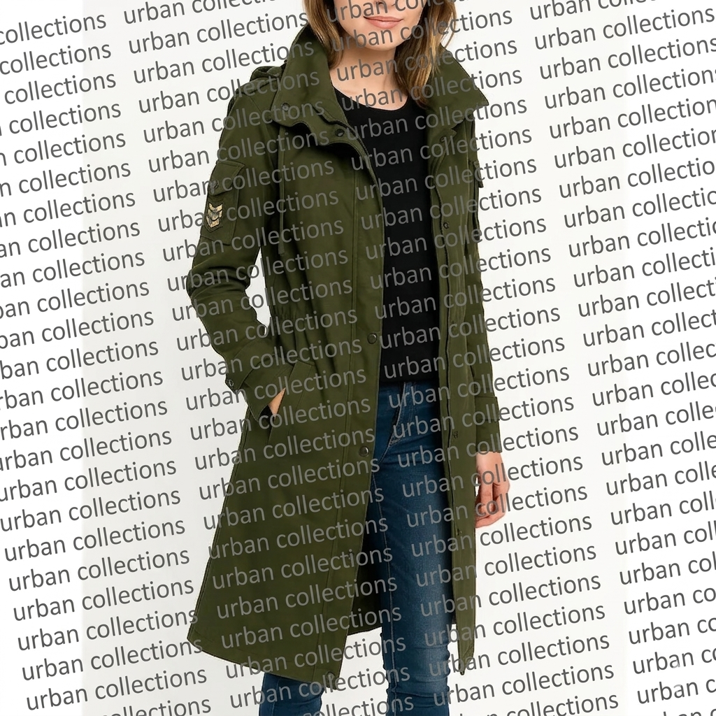 Person wearing a green coat with 'urban collections' branding in the background