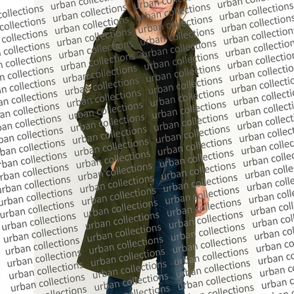 Person wearing a green coat with 'urban collections' branding in the background