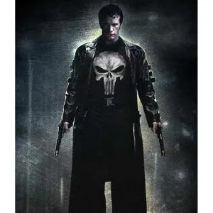 Person wearing a jacket with a skull emblem holding two guns against a dark background