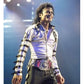Person wearing a silver jacket with black accents on stage