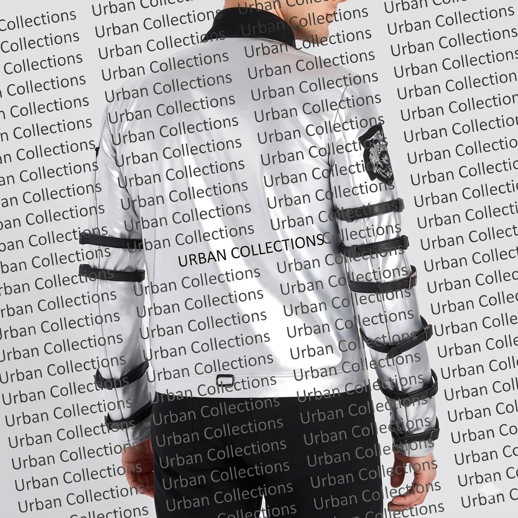 Person wearing a white hoodie with black stripes and text on a background with 'Urban Collections' branding.