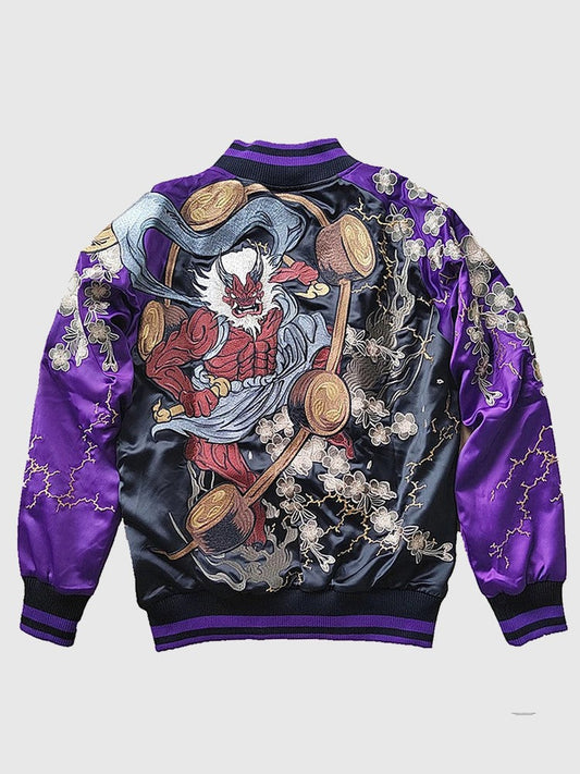 Purple jacket with a colorful graphic design on a white background
