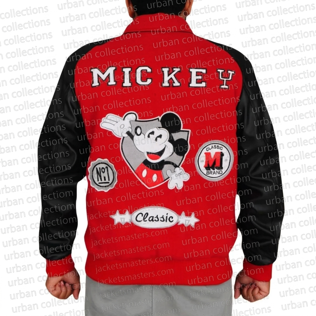 Red and black jacket with Mickey Mouse design on the back, featuring 'Urban Collection' branding.