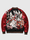 Red and black jacket with intricate design on a white background